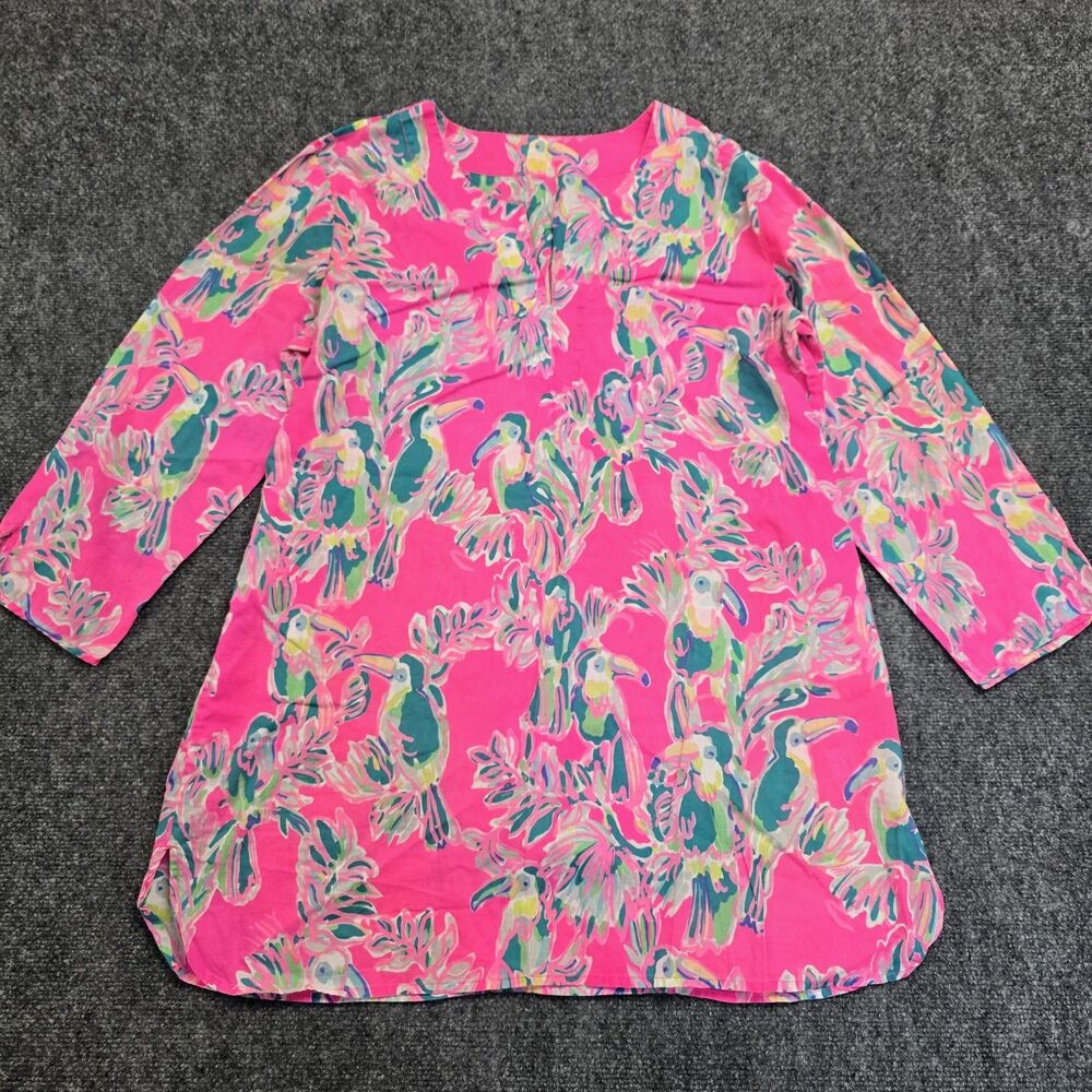 Lilly Pulitzer Beacon Toucan Dress XL Pink 100% Cotton 3/4 Sleeve Tropical